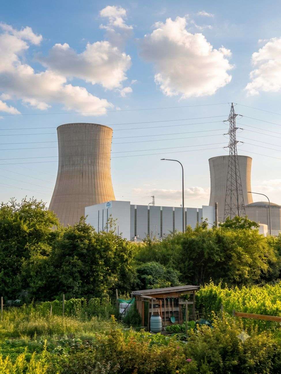 Cooling towers at a power plant, illustrating the energy and water demands behind AI infrastructure.